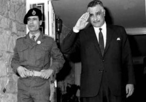 President Gamal Abdal Nasser of Egypt (right) with Muammar al-Qaddafi, in 1969.