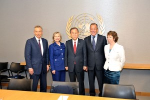 Former Secretary of State Hillary Clinton (second from left) with Quartet Representative Tony Blair (left), UN Secretary General Ban Ki-Moon (center), Russian Foreign Minister Sergey Lavrov (fourth from left), and EU High Representative Catherine Ashton. Photo: wiki commons.
