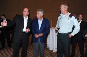 Israel's Defense Minister Moshe Ya'alon (left) with US Secretary of Defense Chuck Hagel (center) and IDF's Chief of Staff Benny Gantz (right) on April 21, 2013. Photo: Israeli Ministry of Defense.