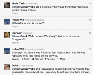 A Twitter conversation between Imam Suhaib Webb and other users in which Webb reveals he was replaced as the Muslim speaker at Thursday's interfaith service in Boston for the Boston Marathon attack victims. Photo: Twitter.