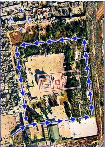 Aerial view of the Temple Mount. Mugrabi Gate at the bottom left, where the blue arrows begin; the Holy of Holies, inside the red box, on the left. Photo: The Temple Institute.