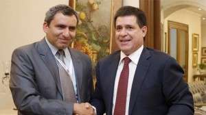 Israel's Deputy foreign Minister Ze'ev Elkin (left) with newly installed President of Paraguay, businessman Horacio Cortes, on August 15, 2013. Photo: Israel Foreign Ministry.
