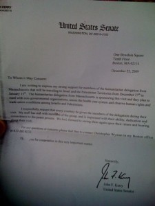 The letter of introduction sent by U.S. Senator John Kerry in 2009. Photo: Screenshot / Ma'ariv.