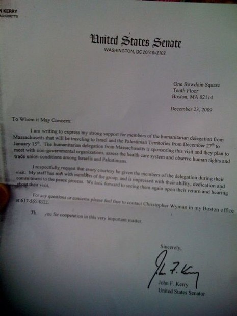 The letter of introduction sent by U.S. Senator John Kerry in 2009. Photo: Screenshot / Ma'ariv.