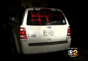 A swastika painted on a car.  Antisemitic hate incidents were on the rise in the UK between January and June. Photo: CBS Screenshot. 