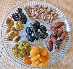 Dried fruit and nuts on a platter, traditionally eaten on Tu B'Shevat. Photo: Gilabrand via Wikimedia Commons.