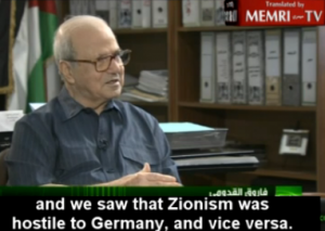 Farouk Qaddumi, former head of the Palestinian Liberation Organizations' Political Bureau, in an interview with with Russia Today TV, speaking of PLO support for Nazism. Photo: Screenshot.