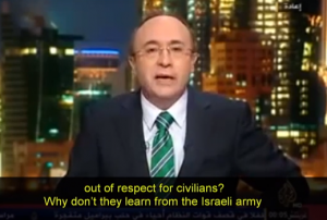 Al Jazeera Arabic asks why the Arab world's armies can't learn to respect civilians, like the Israeli Army does? Photo: Screenshot / Al Jazeera.