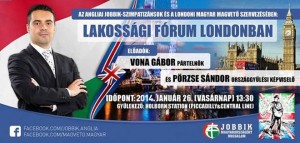 Gábor Vona, leader of the Hungarian far right Jobbik Party, in a poster advertising the event in Holburn, UK. Photo: Screenshot.
