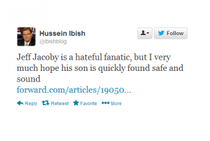The hateful tweet from American Task Force on Palestine Senior Fellow Hussein Ibish. Photo: Screenshot.