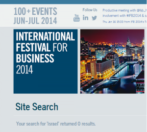 A screenshot from the IFB2014 website, where 'Israel' turns up not even once in search results. Photo: Screenshot / IFB2014.