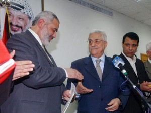 maan Hamas leader Ismail Haniyeh (left) and Palestinian Authority President Mahmoud Abbas (right) in Gaza, in February 2007, before Hamas seized total control of Gaza. Photo: Screenshot / Gatestone Institute / Maan.