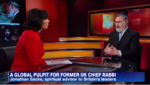 Rabbi Jonathan Sacks being interviewed by CNN's Christiane Amanpour. Photo: Screenshot / CNN.