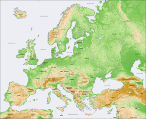 European topography map showing rivers as international boundaries. Photo: WikiCommons.