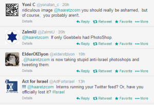 Ha'aretz Twitter readers protested its use of the altered picture. Photo: Screenshot / Twitter.