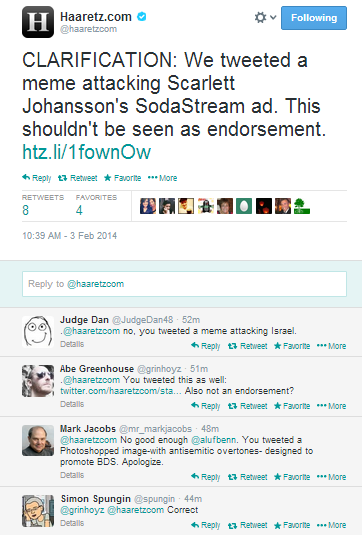 Ha'aretz issued a clarification after readers protested to its use of the altered image. Photo: Screenshot / Twitter.