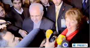 Iranian Foreign Minister Mohammad Javad Zarif and EU foreign policy chief Catherine Ashton with reporters, on February 17, 2014. Photo: Screenshot / Press TV.