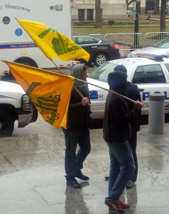 hezbollah-flag Hezbollah flags being waived outside 2014 AIPAC Policy Conference, on March 2, 2014. Photo: Algemeiner.