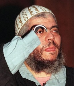 Abu Hamza, the head preacher of North London's Finsbury Park Mosque, being tried for links to terrorists. Photo: Screenshot.