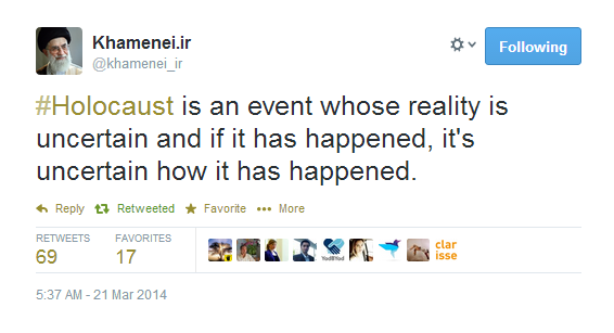 Iranian Supreme Leader Ayatollah Khameini denied the Holocaust on Twitter, on March 21, 2014.