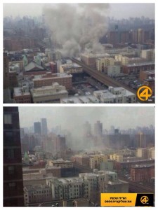 Palestine Today photo showing New York City gas explosion, taken from an Israel Channel 4 broadcast, that it pretended was an Israeli city damaged by Gazan rockets. Photo: Screenshot / Palestine Today.