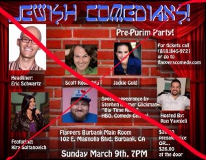 Stephen Gluckman's 'Jewish Comedian's Pre-Purim Show' Flyer, with a red "X" by the comedian after the event was cancelled. Photo: Screenshot.