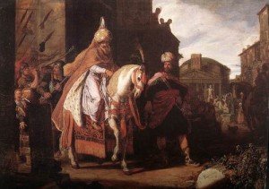 A painting of the triumph of Mordechai. Photo: Rembrandt House Museum via Wikimedia Commons.