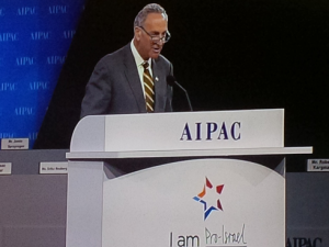 schumer U.S. Senator Chuck Schumer speaking at the 2014 AIPAC Policy Conference, on March 3, 2014. Photo: Algemeiner.