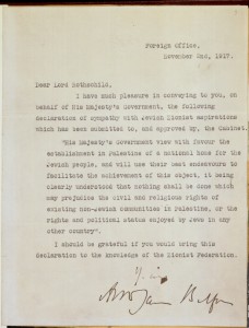 The actual 'Balfour Declaration' declaring British support for "a Jewish homeland" in Palestine, the letter from British Foreign Secretary Arthur James Balfour to Lord Rothschild. Photo: Screenshot / British Library.