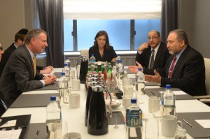Israeli Forigen Minister Avigdor Lieberman Israeli Foreign Minister Avigdor Lieberman (near right) during his meeting with New York Mayor Bill de Blasio, at The Regency Hotel. Photo: NYC Mayor's Office.