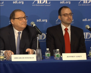 Anti-Defamation League National Director Abraham Foxman and Jeffrey Liszt, of Anzalone Liszt Grove Research, presenting the findings of the organization's first global survey of anti-Semitic attitudes. Photo: Algemeiner.