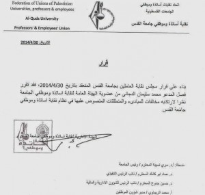 A scanned copy of a letter to Al-Quds University Professor Mohammed S. Dajani Daoudi expelling from the teacher's union. Photo: Screenshot / Facebook.