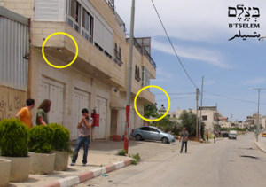 Screenshot of the location of the alleged 'Nakba Day' shooting, in Beitunia, with yellow circles around two of the security cameras that recorded the day's events. Photo: B'Tselem / Facebook.