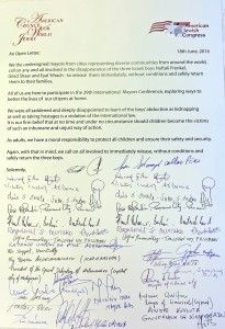 Signed letter from the 29th Israel International Mayors Conference calling on Hamas to release the three Jewish teens unharmed.  Photo: Haim Zach / GPO.