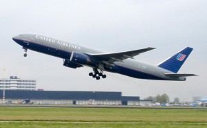 United Airlines airplane at takeoff