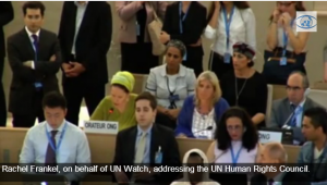 Rachel Frankel (in light green), mother of 16-year-old kidnap victim Naftali Frankel, accompanied by Iris Yifrach (behding her, to the right) and Bat-Galim Shaar (behind her, to the left), mothers of the two other teenaged kidnap victims, Eyal Yifrach and Gilad Shaar, addressing the United Nations in Geneva on behalf of the human rights group UN Watch, in June 24, 2014. Photo: UN Watch / Screenshot.