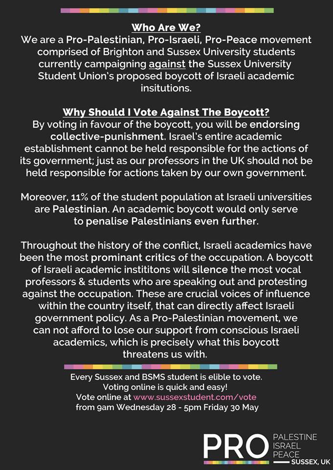 A flyer used to defeat a BDS motion at the University of Sussex. Photo: Screenshot.