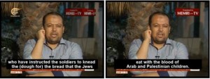 Palestinian Islamic Jihad spokesman Daoud Shihab on Lebanon's Mayadeen TV accusing Israel's soldiers of preparing bread dough to eat with Arab blood. Photo: Screenshot / MEMRI.
