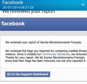 A screenshot of a note from Facebook alerting a reader of The Algemeiner that the social media platform has now removed the Jeunes Révolutionnaires Français page. Photo: Screenshot.