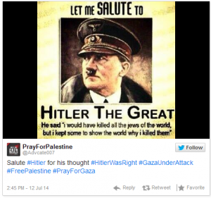 An example of the #HitlerWasRight hashtag being spread on Twitter by Hamas supporters and featured by BuzzFeed. Photo: Screenshot.
