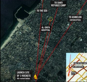 idf-trajectory An IDF diagram showing how four rockets from Gaza hit the sea, Israel, Shati and Al Shifa Hospital. Photo: IDF.