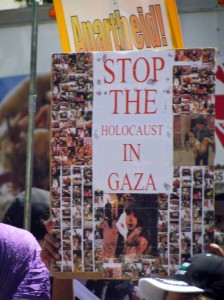 A protester in Seattle equating the Nazi genocide of 6 million European Jews with Israel's military response to Hamas rocket fire. Photo: The Mike Report.