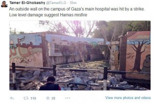 tweet-wsj A now removed tweet from the WSJ's Tamer El-Ghobashy, who suggested Hamas was likely responsible for a strike that hit Al Shifa Hospital. Photo: CAMERA.