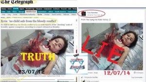 A post on Facebook showing how a photo of a dying Syrian child on the cover of The Telegraph homepage was being used to portray a Gazan child being shot by Israel. Photo: Twitter / @docnatecohen.