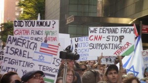 Protesters in front of CNN's NYC offices, on August 7, 2014. Photo: Elder of Ziyon / Screenshot.