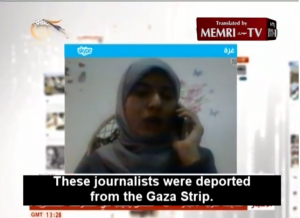 gaza-journo Hamas spokeswoman Isra Al-Mudallal, head of foreign relations in the Hamas Information Ministry, describing to Mayadeen TV how foreign journalists were deported for filming rocket launch sites. Photo: MEMRI / Screenshot.