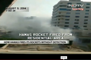 NDTV's recording of a Hamas rocket being assembled and launched from outside the window of their Gaza hotel, in a residential neighborhood, minutes before the start of a cease-fire. Photo: NDTV / Screenshot.