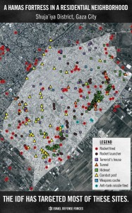 An IDF map showing Hamas and PIJ military outposts within the city of Shaja'iya. Photo: IDF.