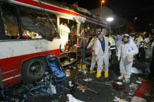 Rescue workers at bombed bus in downtown Jerusalem, Aug. 19 2003. Photo: Science.co.il
