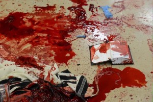 The blood shed from Nov. 18's massacre of 4 rabbis and one Israeli Druze policeman at a synagogue in Jerusalem. Photo: Twitter